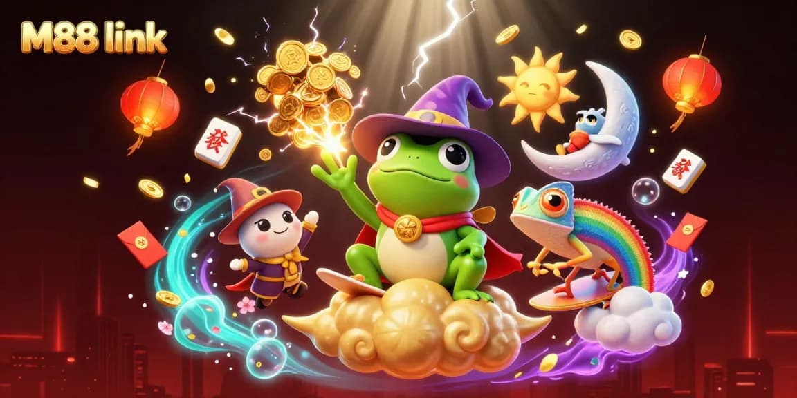Experience the thrill with M88 link amidst a vibrant storm of golden coins and magical characters.