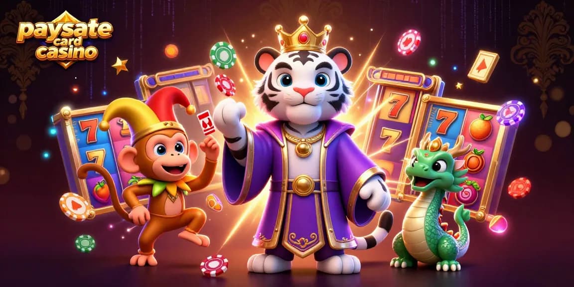 Erleben Sie die Aufregung in einem Paysafe Card Casino mit einem animierten Tiger, Affen und Drachen in einer lebhaften Spielautomaten-Szene.
