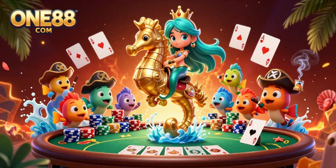 Join the excitement of ONE88 COM with a vibrant casino scene featuring colorful characters and poker elements.