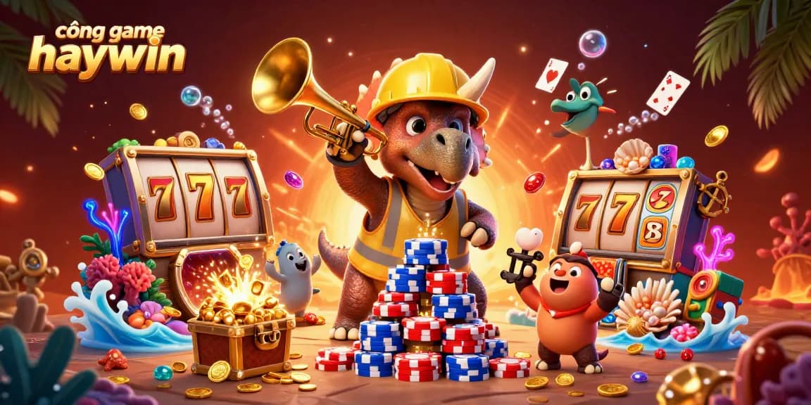 Engaging 3D illustration of cổng game haywin depicting vibrant slot reels and playful dinosaur characters