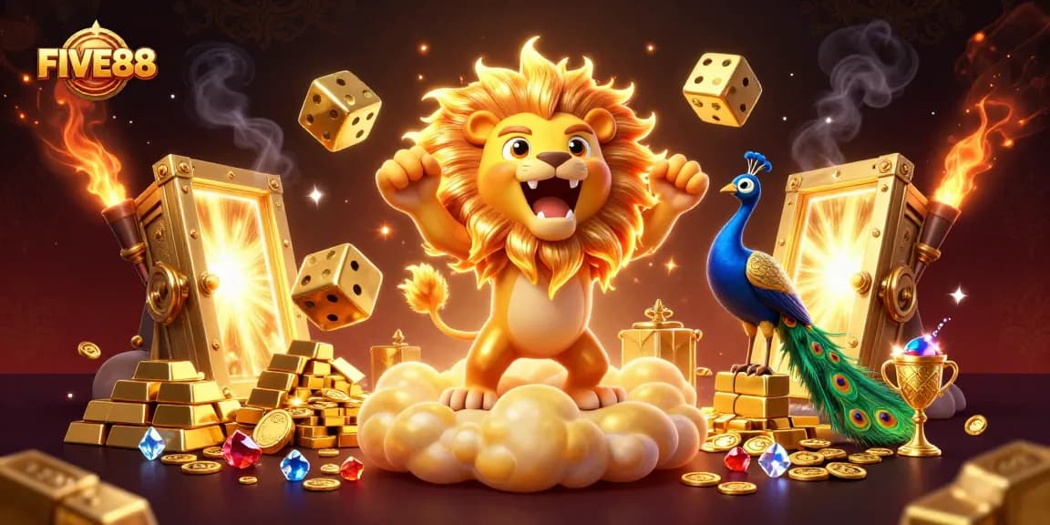 Engage with FIVE88's thrilling casino adventure featuring a roaring sun lion and dazzling gold treasures.