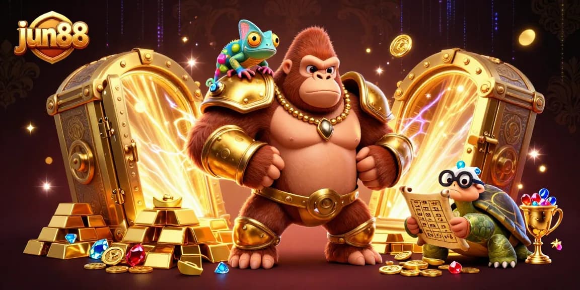 Experience the excitement of jun88 with a dynamic 3D casino scene featuring a gorilla king and treasures.