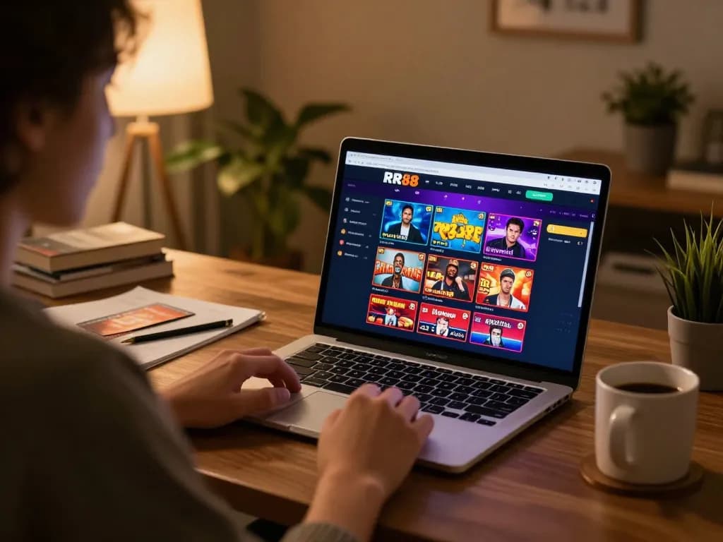 Engaging with the RR88 online casino platform from a cozy home office setting