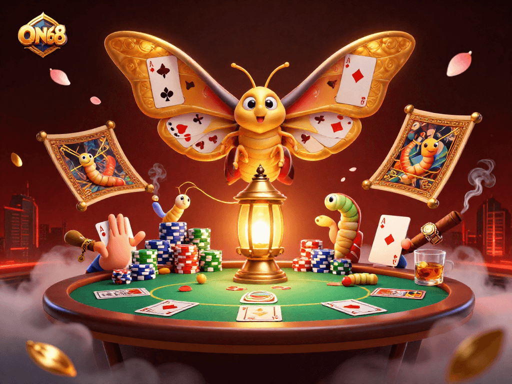 Engaging scene at ON68 casino featuring a moth and vibrant gambling elements.