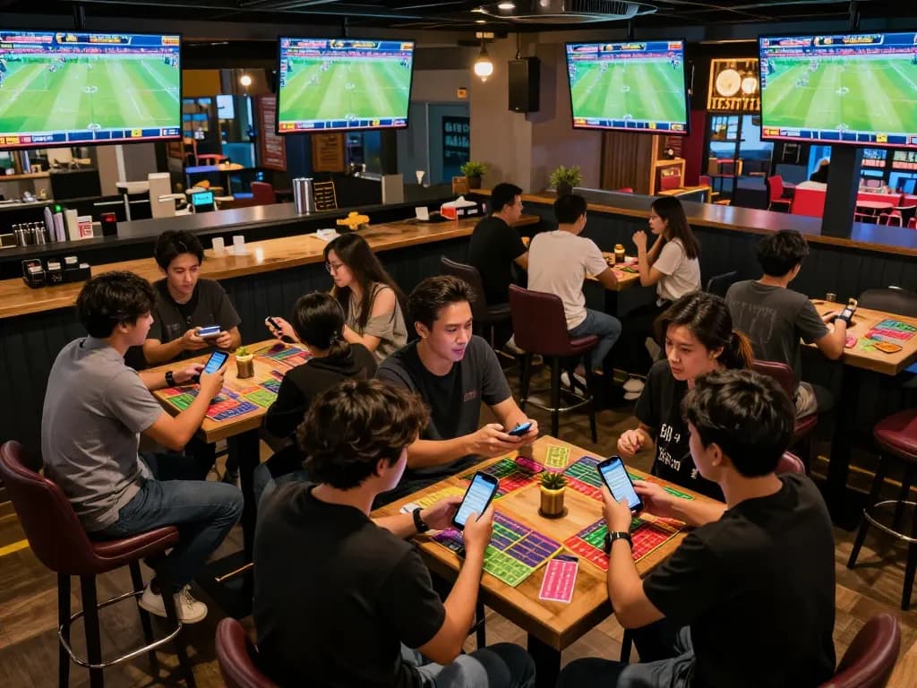 Bettors analyzing odds at a lively sports bar, engaging with keonhacaii betting strategies.