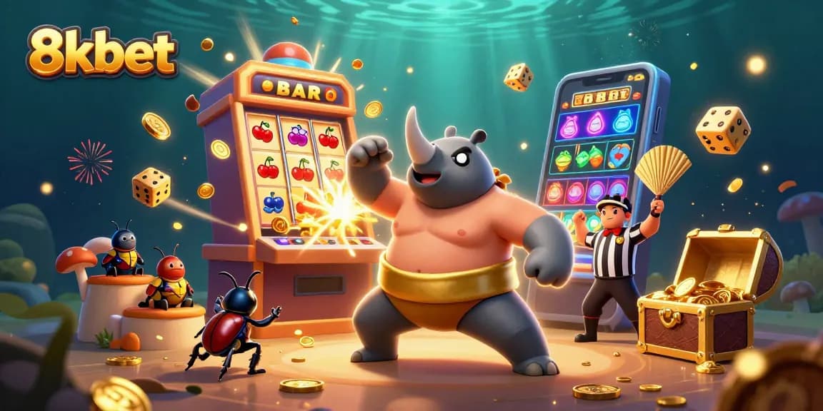 Experience excitement at 8kbet with a thrilling jackpot scene featuring dynamic 3D characters and casino elements.