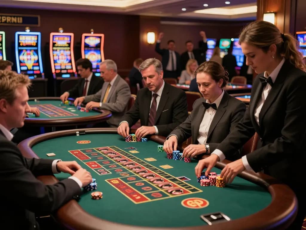 Experience the thrill of RR88 casino with players engaged at roulette and blackjack tables, capturing excitement.
