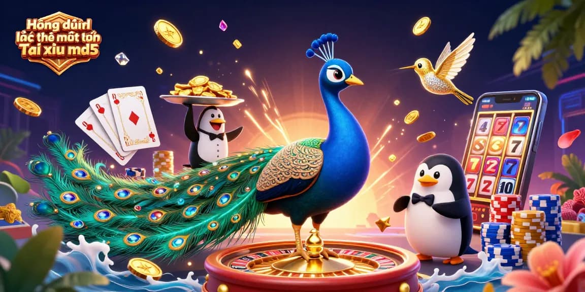 Hướng dẫn lấy lại mật khẩu Tài xỉu md5 in a vibrant casino scene with peacock and butler.