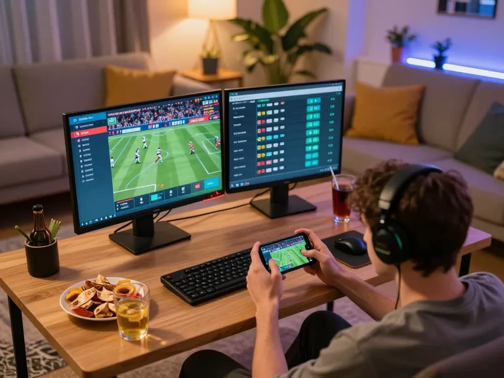 An engaged player utilizing mm88br for live sports betting on their smartphone in a cozy home environment.
