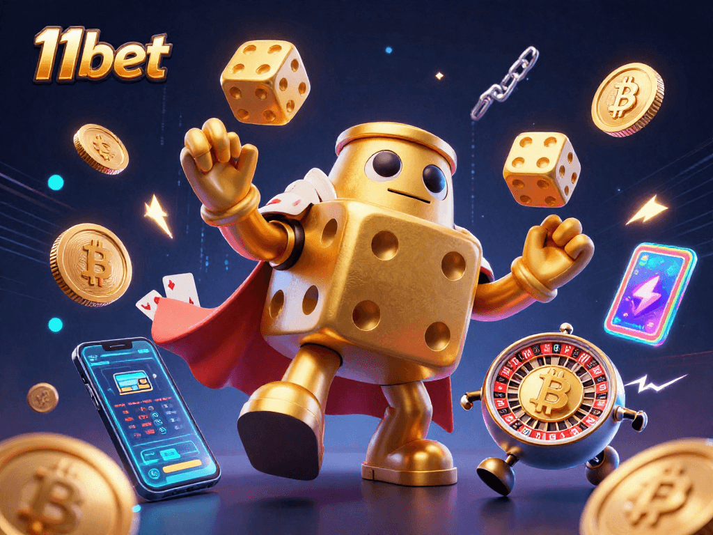 Engage with 11bet's thrilling 3D casino adventures featuring dynamic dice, crypto coins, and vibrant game elements.