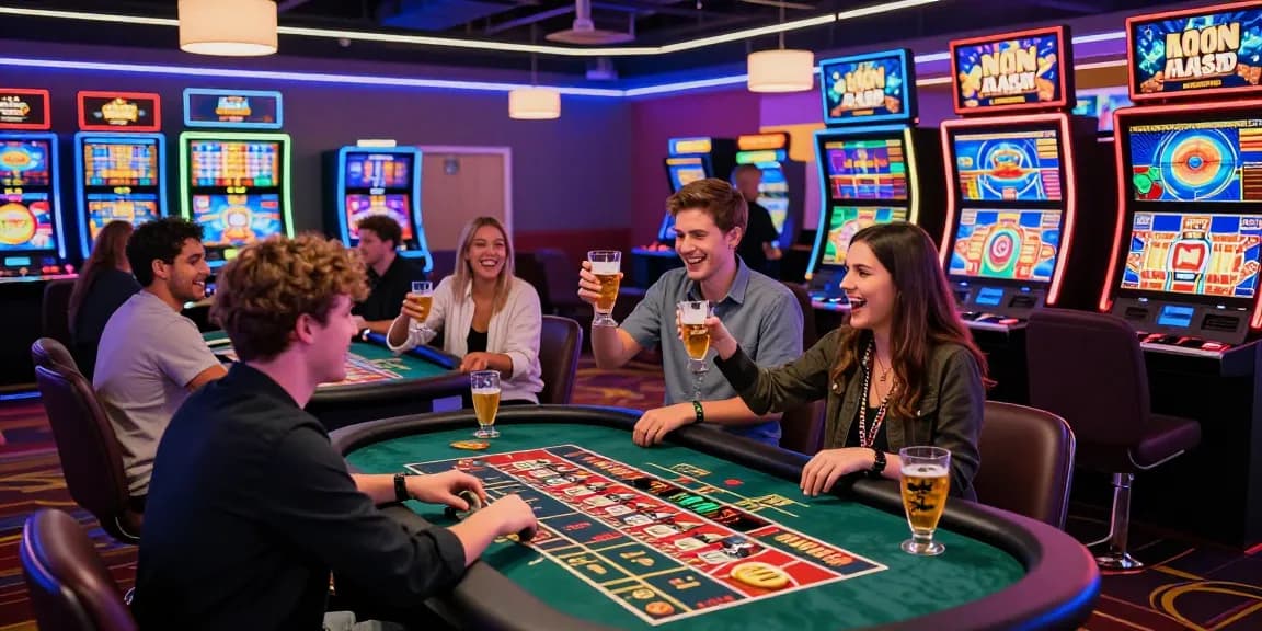 Casino non AAMS vivace scena di gioco con giocatori che si divertono con vari giochi sotto luci al neon, celebrando vittorie e promozioni.