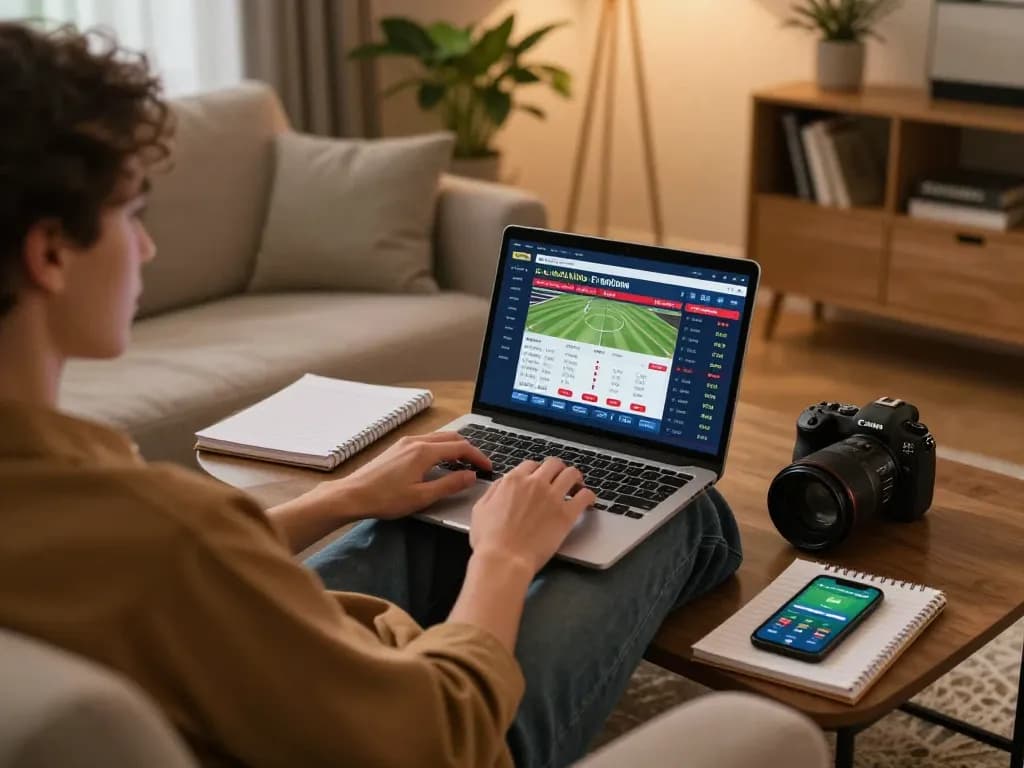 Engaging in online sports betting at home using a laptop and mobile app for accurate kèo nhà cái insights.