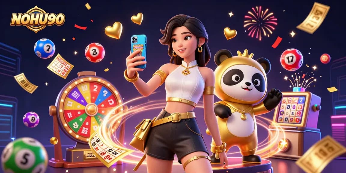Engage with NOHU90's dynamic gaming scene featuring a woman and a golden panda mascot.