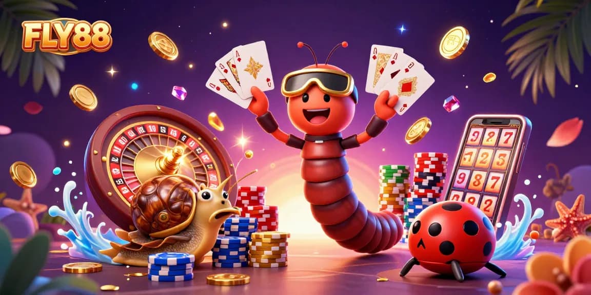 Participate in the thrilling gaming action at FLY88, featuring a dynamic cartoon casino scene.