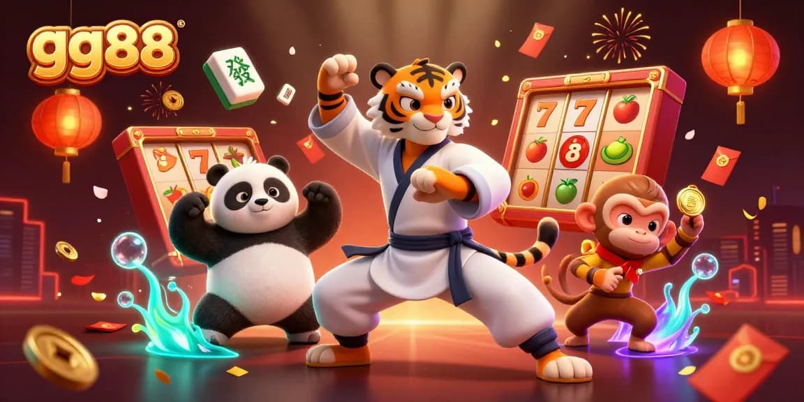 Engage with gg88's vibrant casino scene featuring a fun kung fu theme with animated characters.