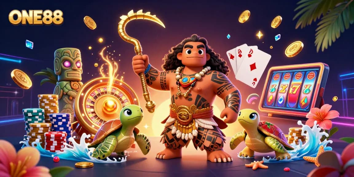 Engage in thrilling gameplay with ONE88, featuring cartoon demigod and casino elements.