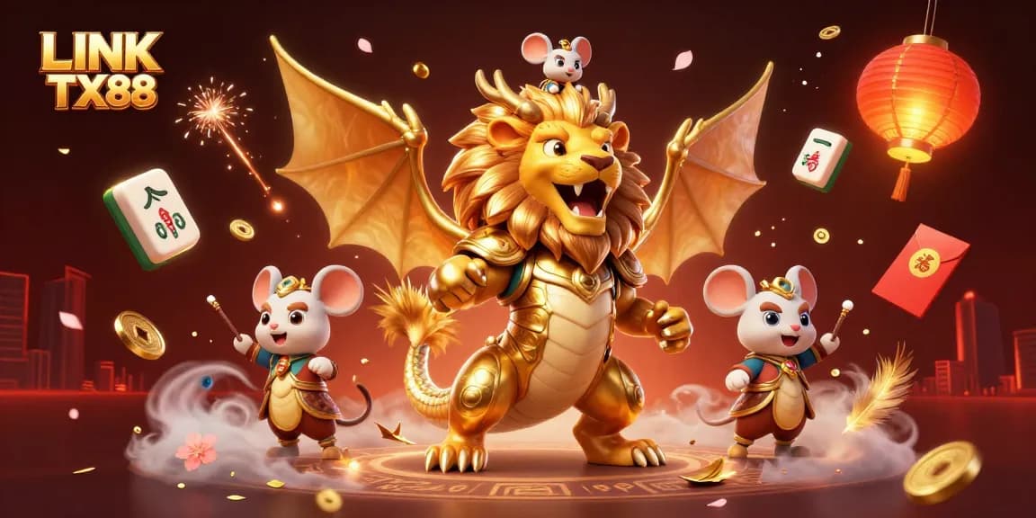 Experience the excitement of LINK TX88 with a vibrant 3D casino illustration featuring a majestic chimera and lively game elements.