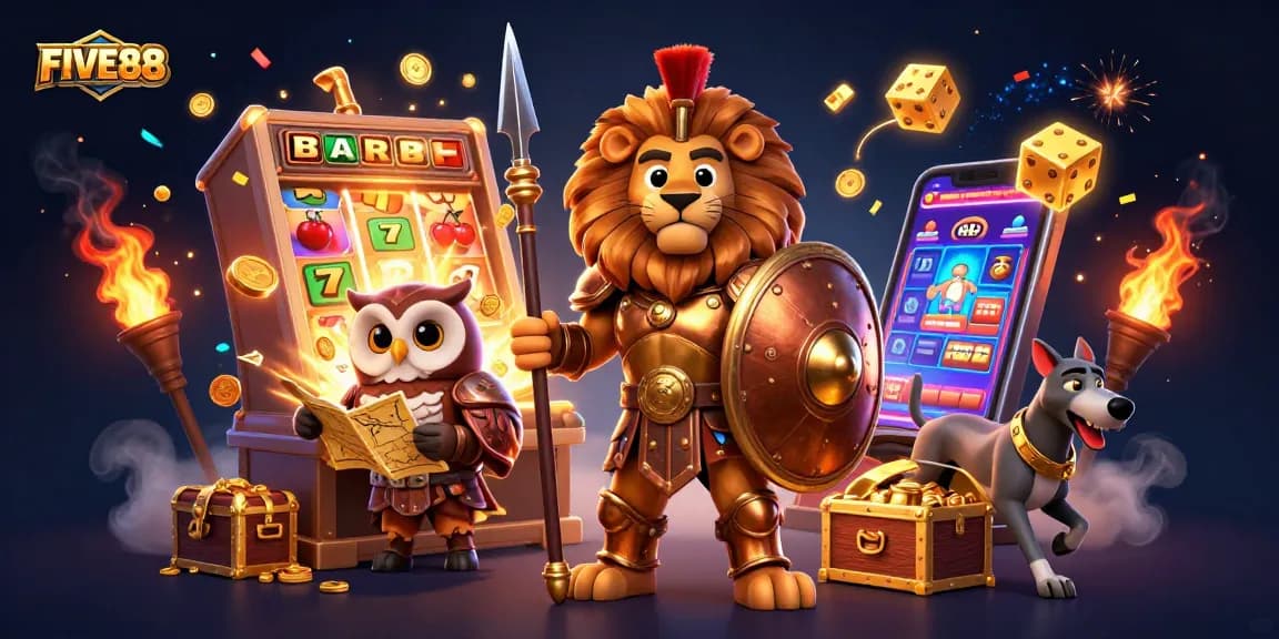 Spin the reels and win big with FIVE88! Exciting 3D casino scene filled with vibrant gaming elements.