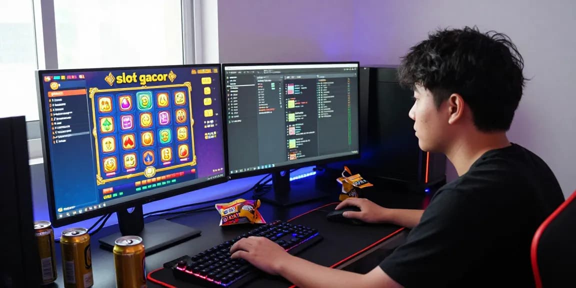 Intense gaming moment with slot gacor symbols on screen in a vibrant room