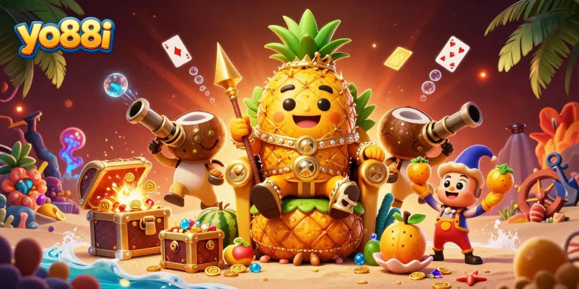 Engage with the vibrant world of yo88i as the pineapple king oversees a lively beach casino.