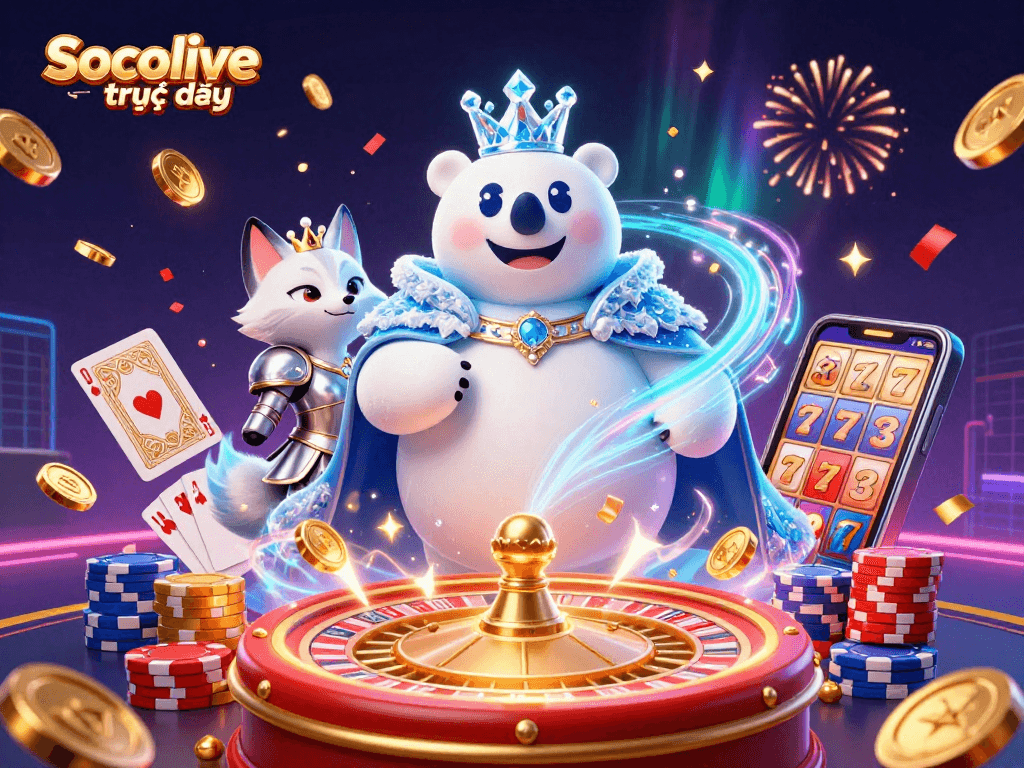 Experience Socolive trực tiếp with thrilling 3D illustration of a powerful casino scene with vibrant characters and game elements.