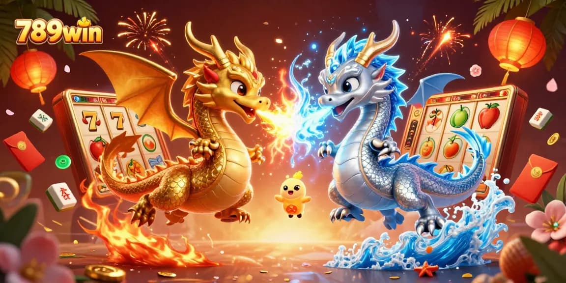Experience the thrill of 789win as golden and silver dragons clash amidst dynamic slot game elements.