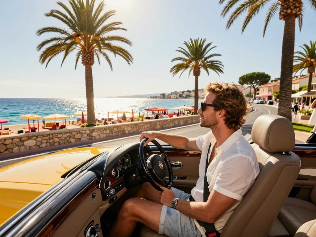 Trajet en taxi de luxe à Saint-Tropez, montrant un voyageur profitant des vues côtières pendant son voyage.