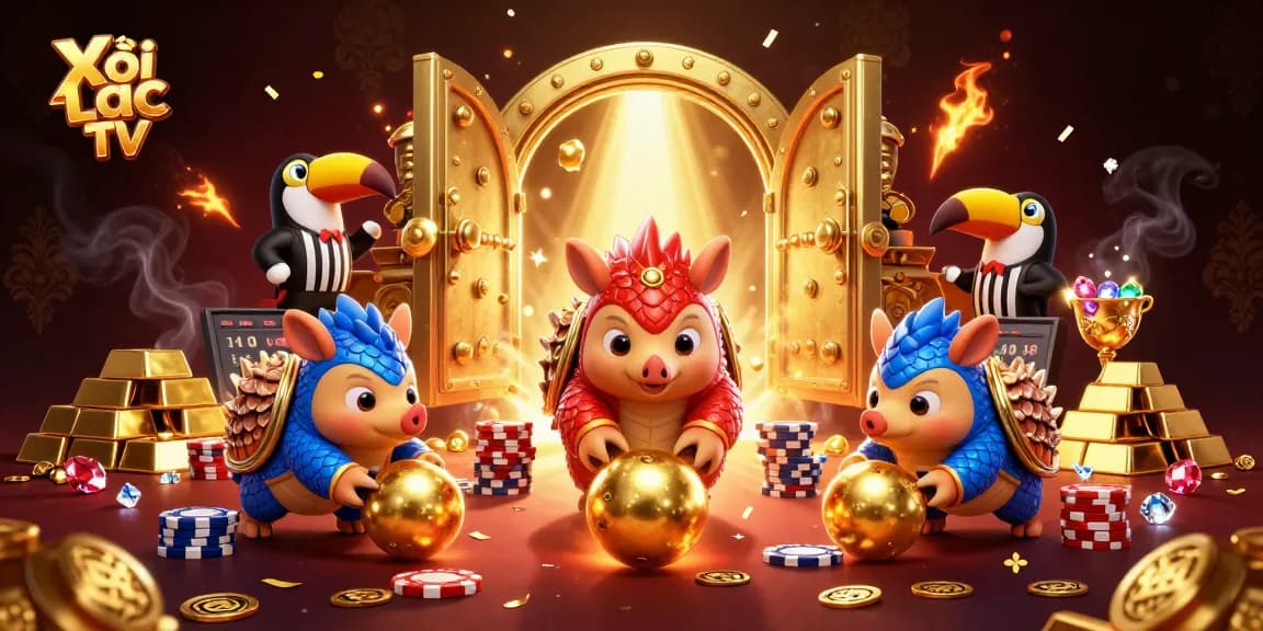Xôi lạc TV showcases a dynamic 3D gambling illustration with rival pangolins rolling into golden balls.