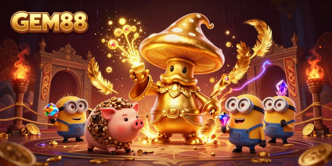 Experience excitement with GEM88 as a golden wizard and pig seek treasures in a vibrant gaming world.
