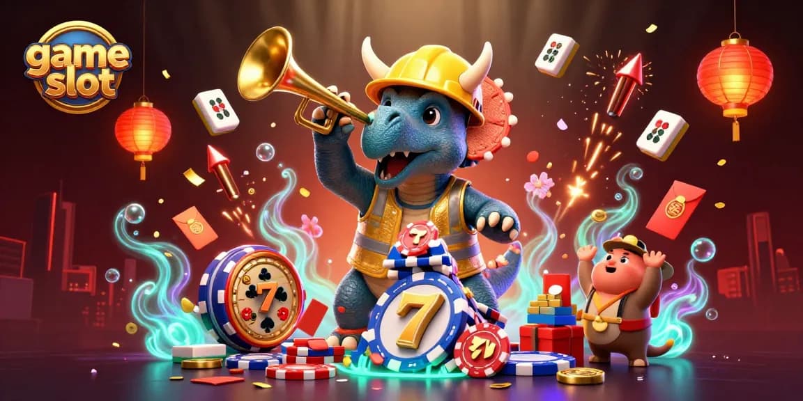 Watch the triceratops build a pyramid of poker chips amidst vibrant game slot symbols.