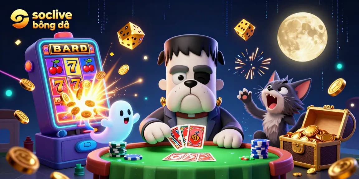 Socolive bóng đá showcases a thrilling scene with a Frankenstein bulldog at a card table, surrounded by casino elements, enhancing the excitement of sports betting.
