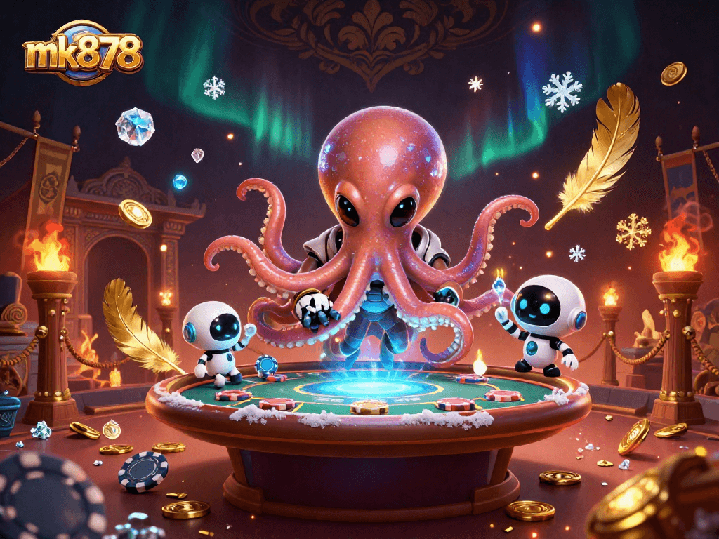 Experience the thrill of mk878 in a cosmic poker showdown with an alien octopus and its robot sidekick.