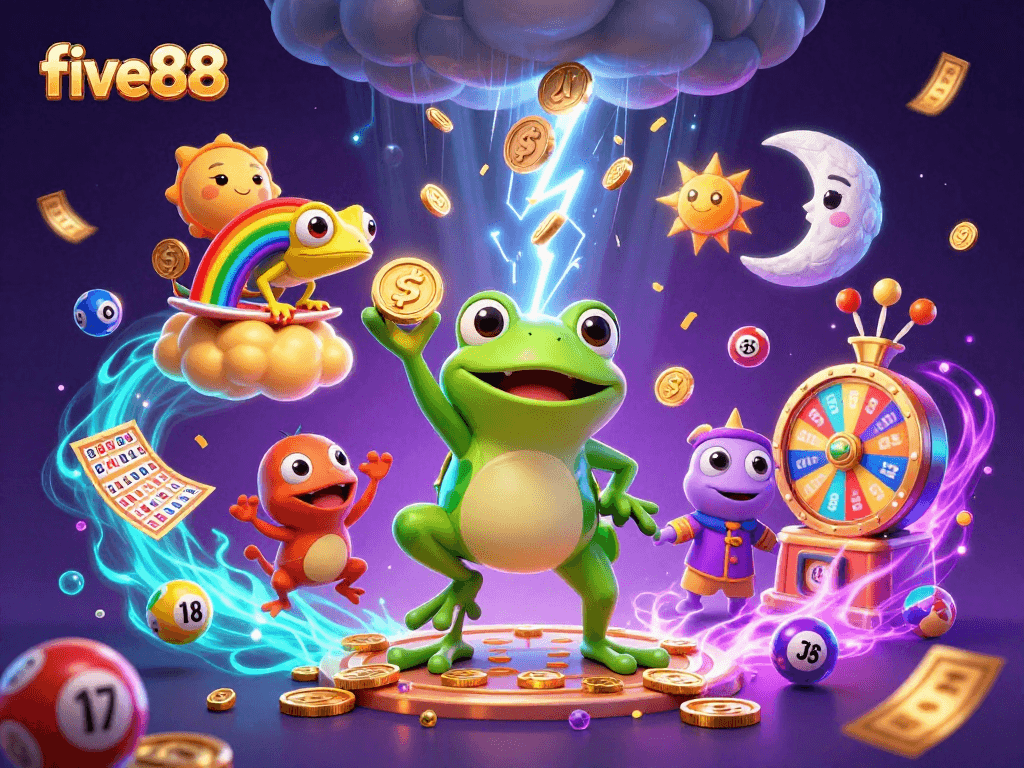 Experience the excitement of five88 as the weather wizard frog conjures golden coin storms amidst a dynamic casino scene.
