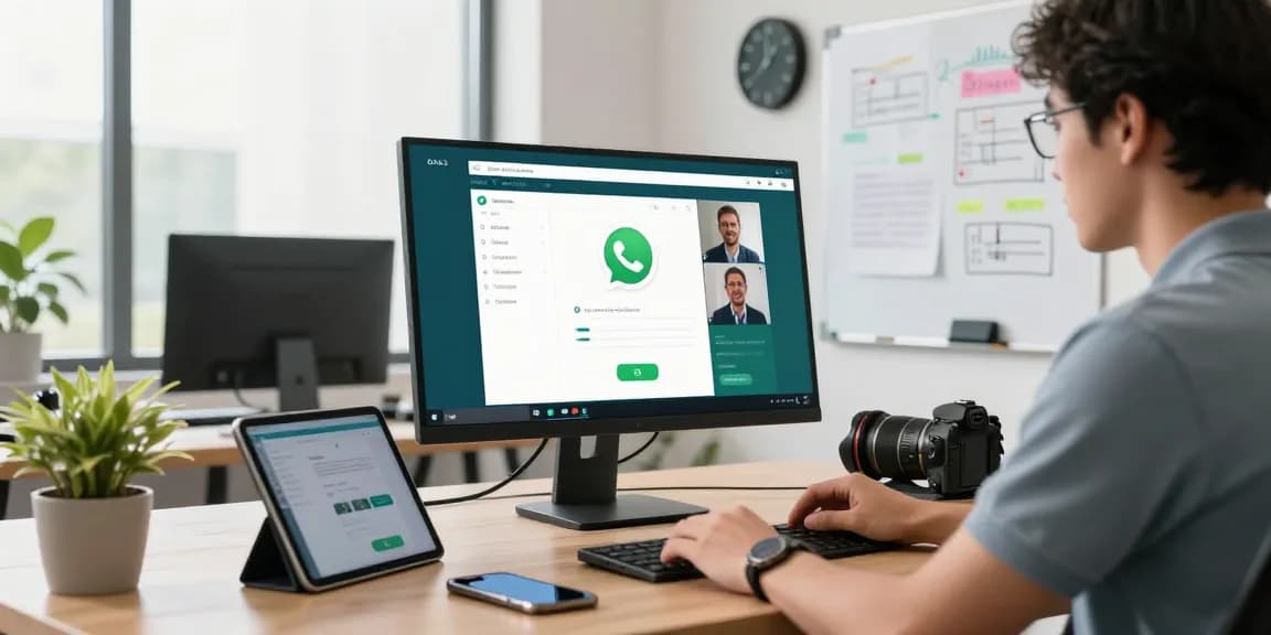 Professional using WhatsApp網頁版 on modern desktop setup with video calls and project notes in the background.