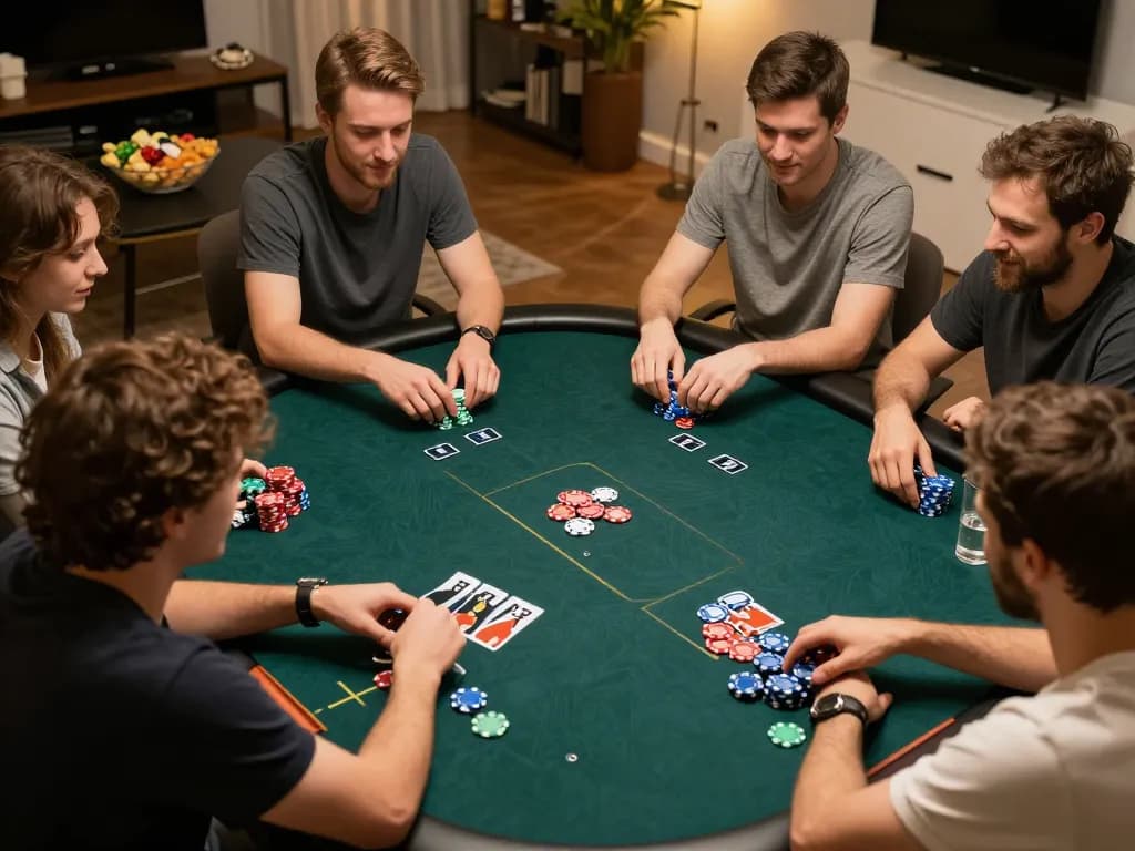 Players enjoying a thrilling poker game at home using JJun88 platform, capturing strategy and excitement