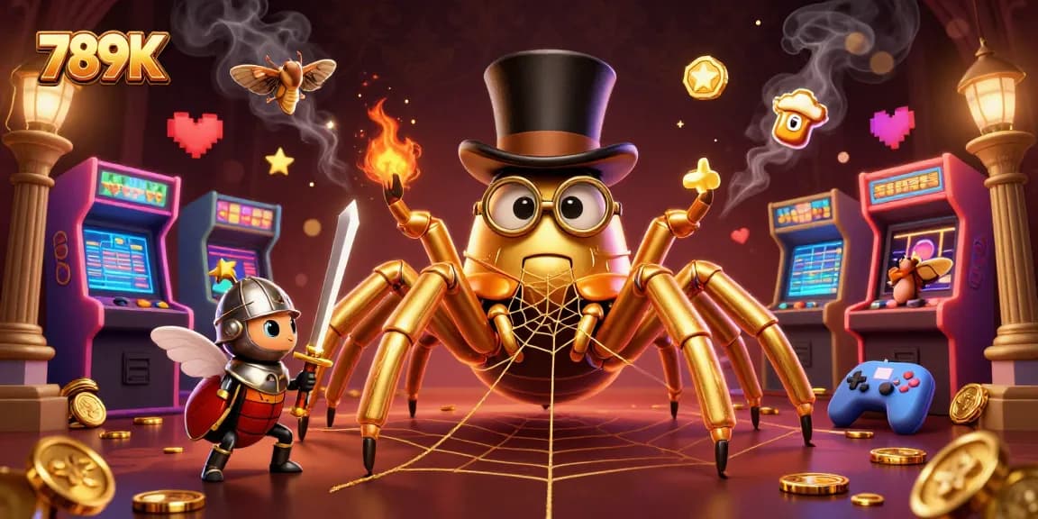 Engage in the vibrant 789K casino scene featuring a golden tarantula and beetle knight.