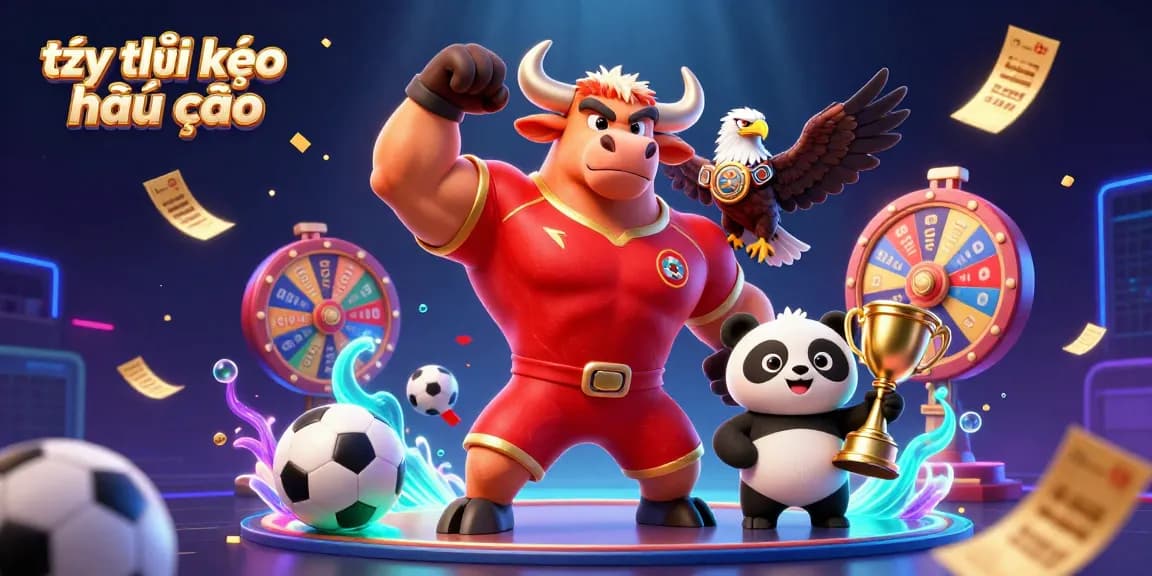 Tỷ lệ kèo nhà cái illustrated with a muscular bull and eagle celebrating sports betting wins, showcasing excitement.