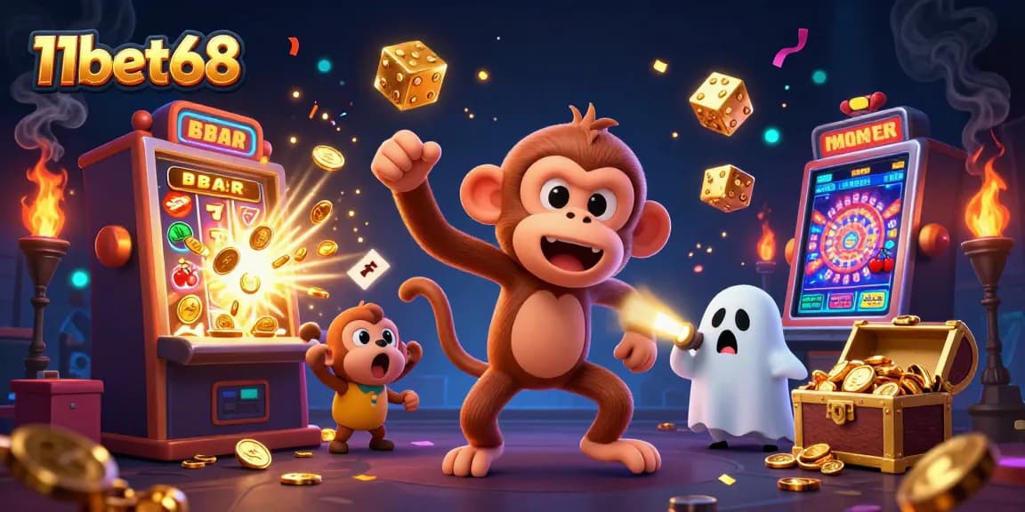 Engage in thrilling gaming with 11bet68 as a mischievous monkey juggles gold at a vibrant casino.