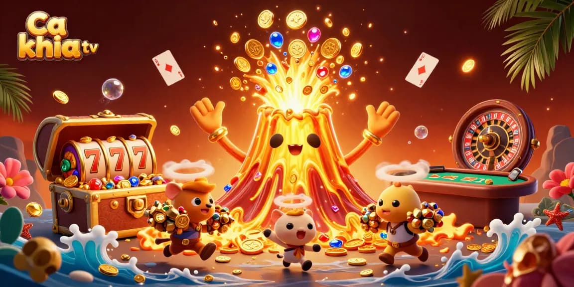 Experience the thrill of Ca khia tv with a vibrant 3D casino scene, featuring treasures and slot games.