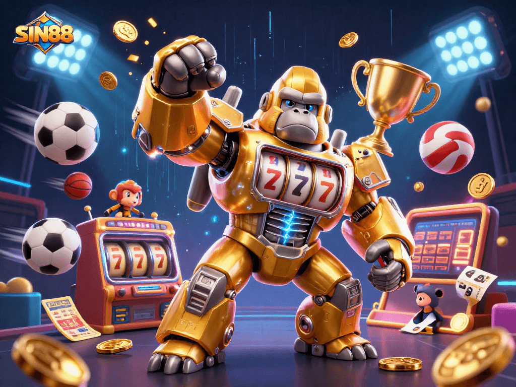 SIN88 showcases a dynamic scene with a golden gorilla mech and vibrant sports elements, exemplifying exciting casino gameplay.