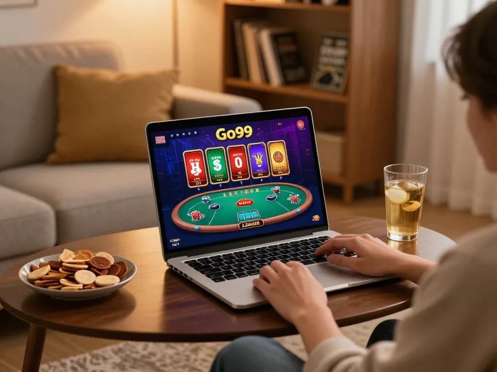 Player using Go99 on a laptop in a cozy home gaming setup, showcasing responsible gambling.