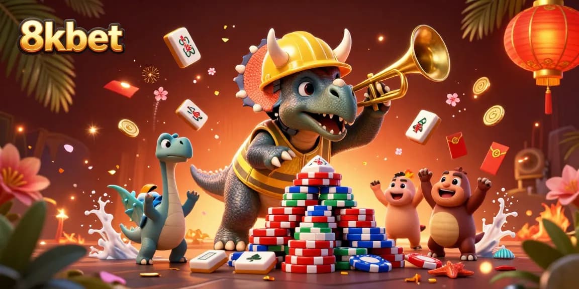 Experience 8kbet thrills with 3D cartoon dinosaurs building poker chip structures in a vibrant casino scene.