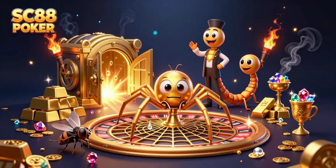Bet and win with SC88 POKER in a vibrant casino scene featuring animated characters and treasures.