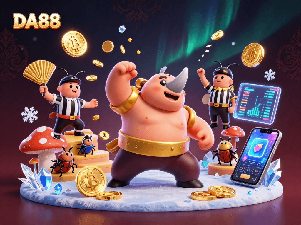 Experience DA88's thrilling gaming atmosphere with a dynamic sumo match illustration featuring financial icons.