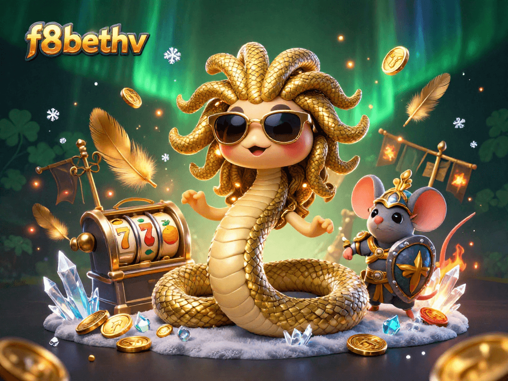 Experience the thrill of f8bethv with Medusa and a warrior mouse in a vibrant gambling-themed casino setting.