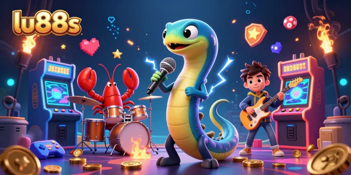 Experience exciting gameplay at lu88s with an electric eel DJ, lively underwater casino atmosphere, and arcade game elements.