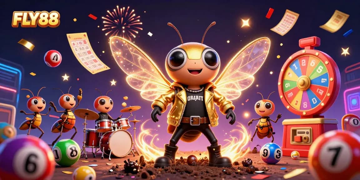 FLY88 offers an energetic scene with a cicada rock star and thematic gambling elements in a vibrant casino atmosphere.