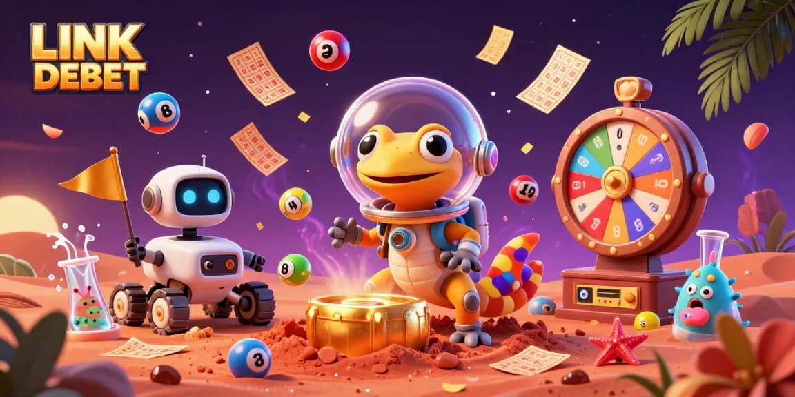 Enhance your poker strategies with LINK DEBET's vibrant illustration of a confident Martian gecko at a golden casino.