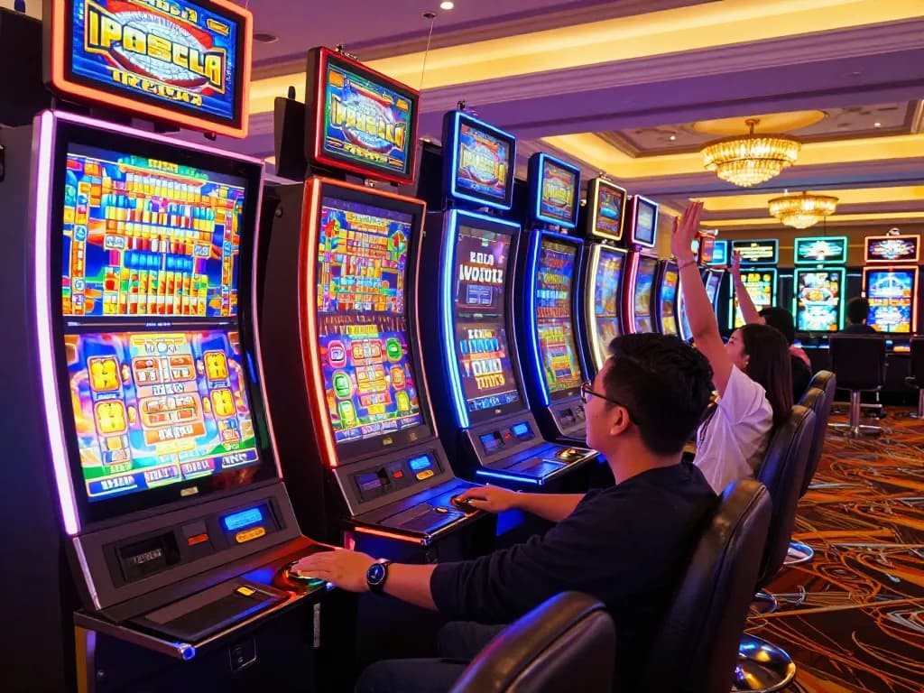 Players enjoying exciting slot pulsa games in a lively casino atmosphere with vibrant machines