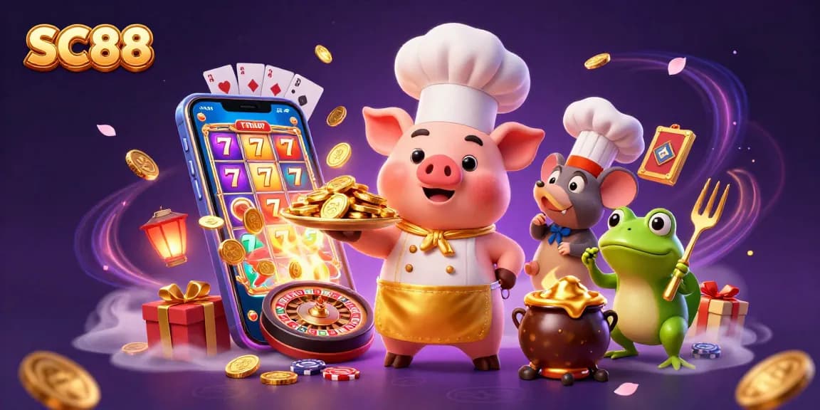 Experience the excitement of SC88 as a chef pig serves gold coins in a vibrant 3D casino scene.